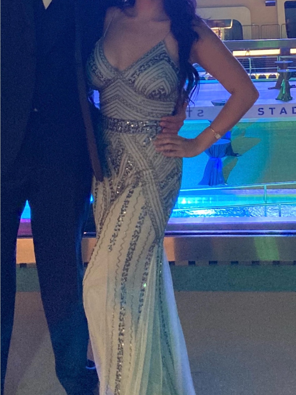 Blue, White and Silver Beaded Formal Dress